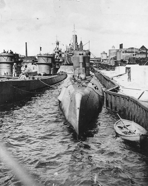 U-3008, a Type XXI submarine, at Wilhelmshaven, Germany. June 1945.