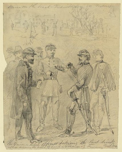 Union and Confederate officers share a drink of whiskey during a temporary truce to exchange prisoners.Photo: Library of Congress