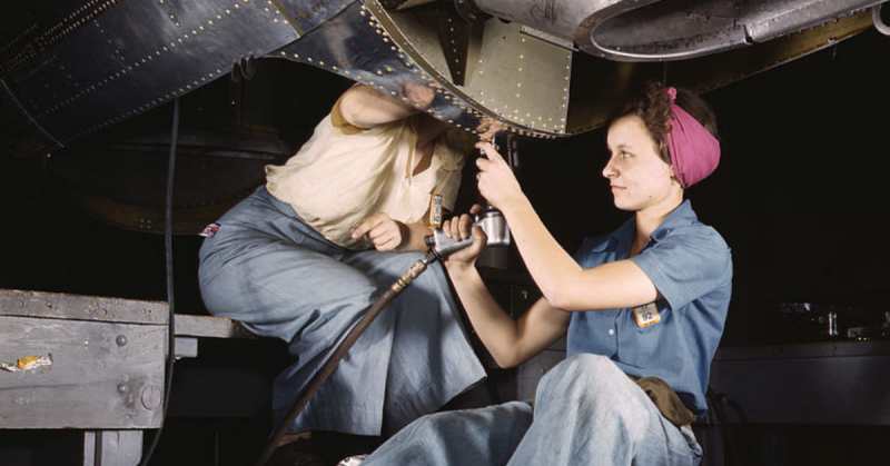 Women at work on bomber, Douglas Aircraft Company, Long Beach, California in October 1942