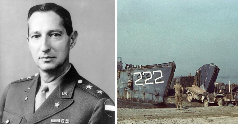 General Mark Wayne Clark and (U.S. Navy tank landing craft offloads a U.S. Army jeep at Salerno.
 