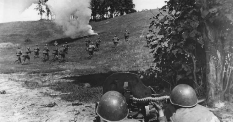 Under cover of Maxim MG fire Soviet soldiers storm enemy positions somewhere along the Russian Front