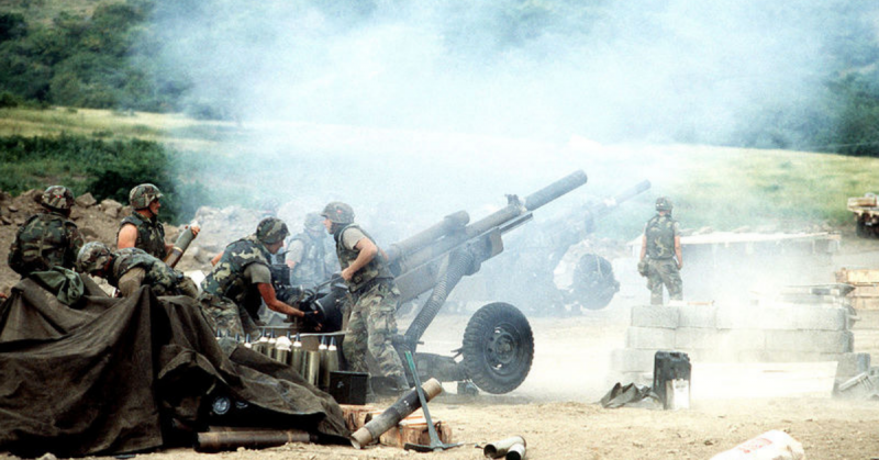 M102 howitzers of 1st Bn 320th FA, 82D Abn Div firing during battle