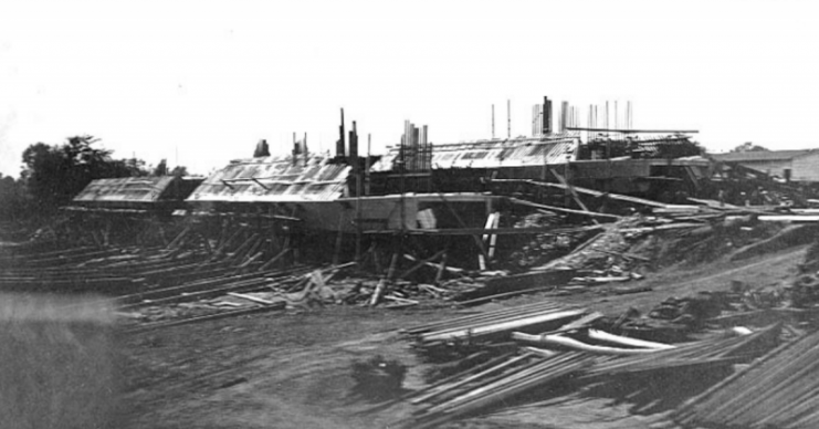 City class ironclads under construction at St. Louis, Missouri, in 1861.