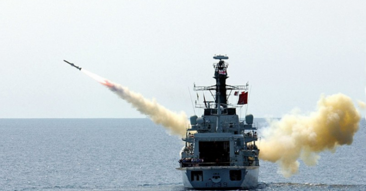 A Harpoon missile is launched from the Ticonderoga-class cruiser USS Shiloh during a live-fire exercise in 2014.