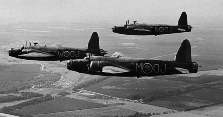 RAF Bomber Command 1940 Vickers Wellington Mk IC bombers of No. 149 Squadron in flight, circa August 1940.
