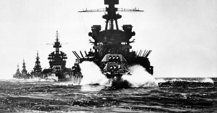 The U.S. Navy battleship USS Pennsylvania (BB-38) leads USS Colorado (BB-45), USS Louisville (CA-28), USS Portland (CA-33), and USS Columbia (CL-56) into Lingayen Gulf