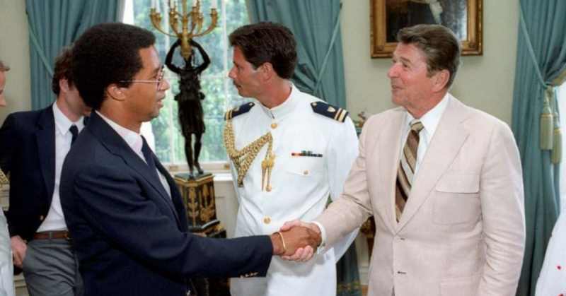 President Reagan greets Arthur Ashe in 1982