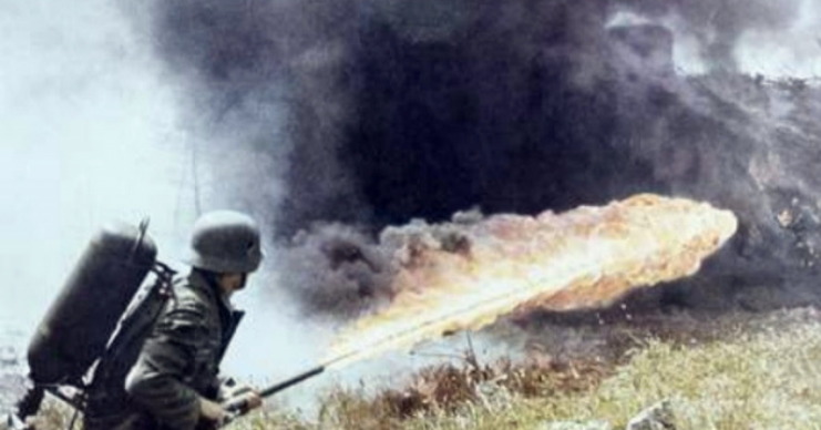 A German soldier using a flamethrower in the Soviet Union