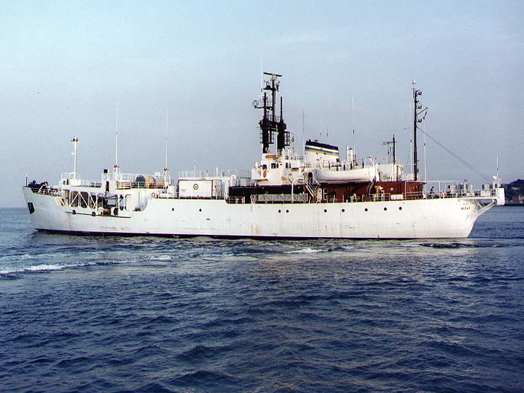 The U.S. Military Sealift Command oceanographic research ship USNS Mizar (T-AGOR-11) during the 1980s.
