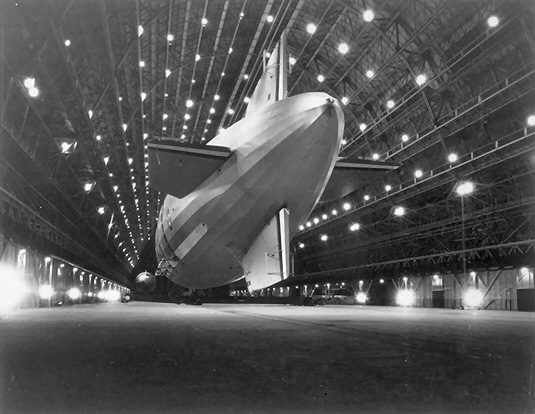 USS Macon moored in Hangar One at NAS Moffett Field in 1933