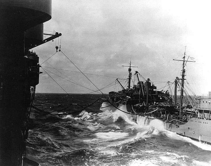 The U.S. Navy fleet oiler USS Neosho (AO-23) refueling the aircraft carrier USS Yorktown (CV-5), 1 May 1942, shortly before the Battle of Coral Sea