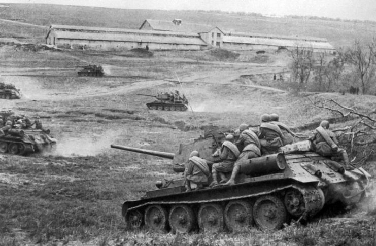 Soviet infantry riding T-34-85’s into battle during Operation Bagration 1944