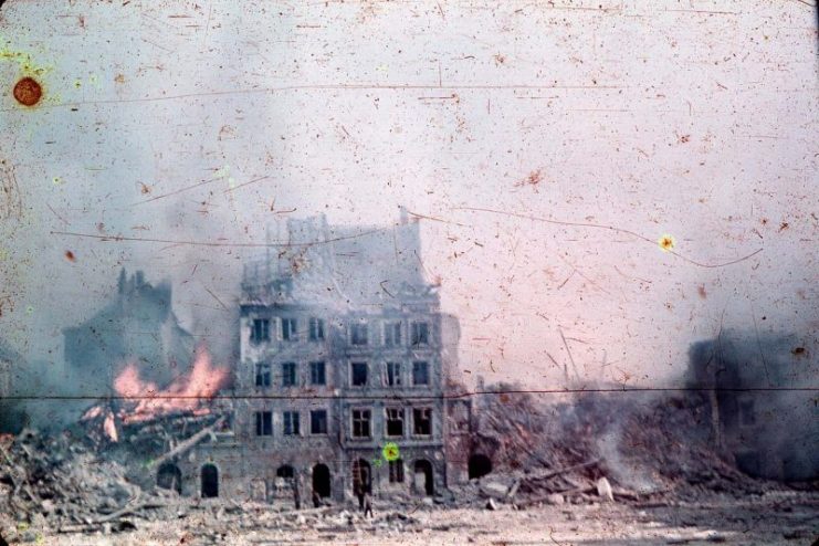 Warsaw Old Town in flames during the Warsaw Uprising