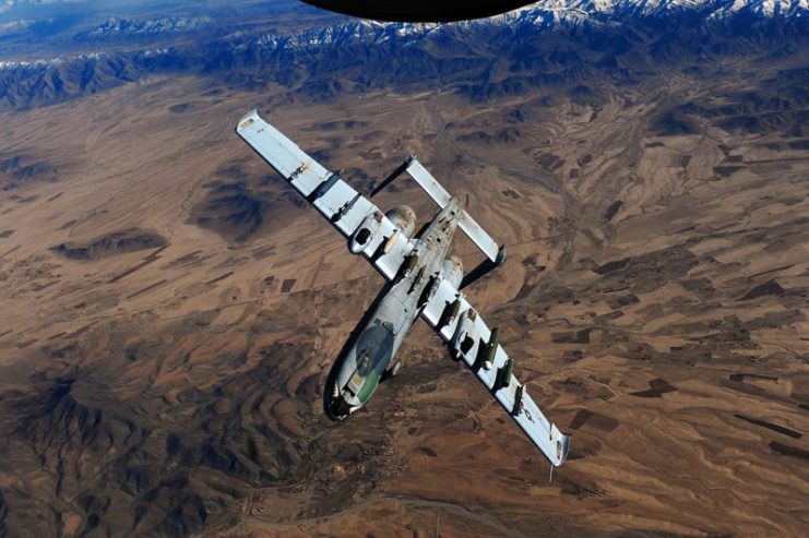 An A-10 Thunderbolt II from the 23rd Fighter Group while flying over Afghanistan in support of Operation Enduring Freedom