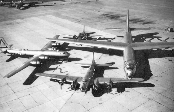 Special photo of Air Force bombers from the 1930s through the late 1940s. A Douglas B-18 “Bolo”; a Boeing B-17 “Flying Fortress”; a Boeing B-29 “Superfortress” and the B-36 “Peacemaker” dominating the group photo with a 230-foot wingspan.