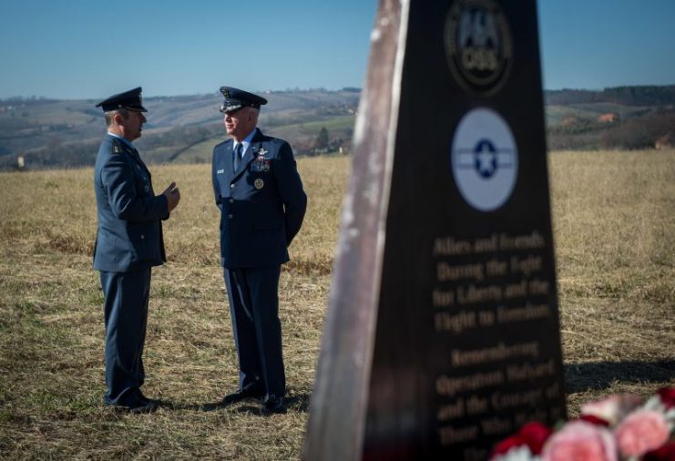 Brig. Gen. Randy Huston, the Third Air Force mobilization assistant, speaks to his Serbian Armed Forces counterpart at the Operation Halyard memorial in Pranjani, Serbia, Nov. 17, 2016