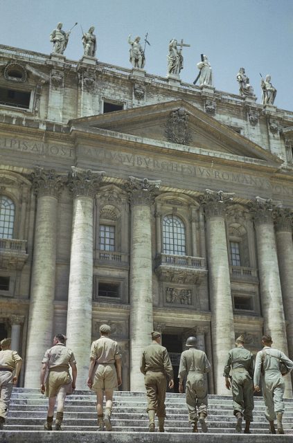 June 5, 1944: Allied troops walking up the steps of St Peter’s in Rome.