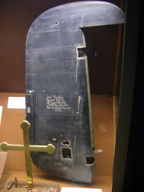 The rudder of a Dornier Do 17 shot down on 28 August 1940.