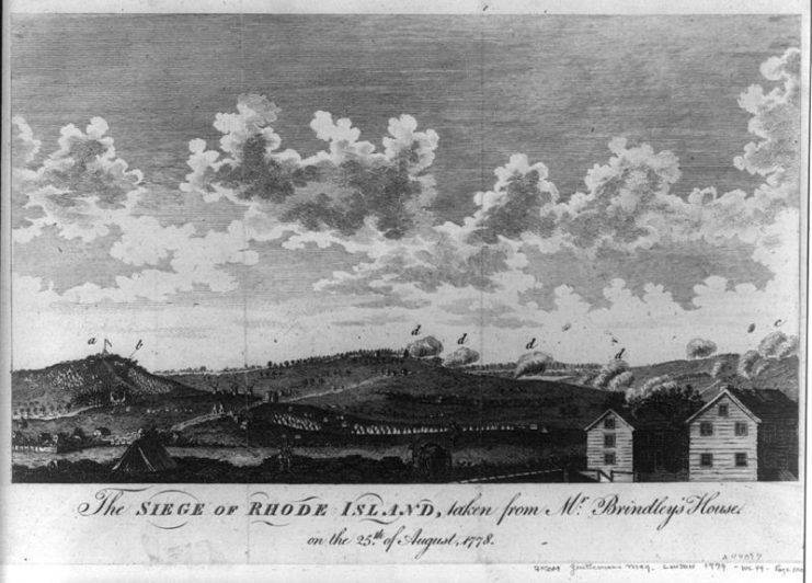 This is a print of the Battle of Rhode Island in 1778. The print is from 1779, titled “The siege of Rhode Island, taken from Mr. Brindley’s house on the 25th of August, 1778