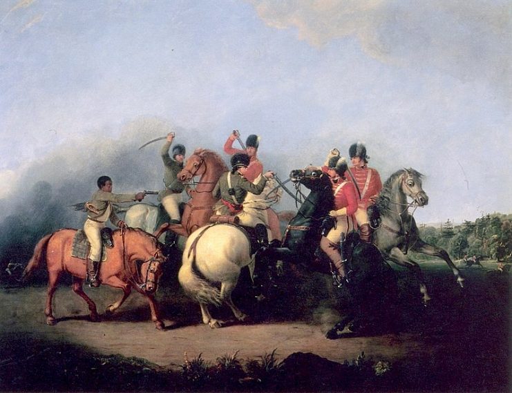 The Battle of Cowpens, an unnamed, uniformed African American soldier, possibly a slave, on (left), firing his pistol and saving the life of Colonel William Washington, (on white horse in center)