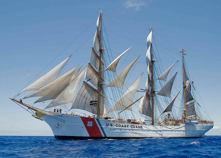 USCGC Eagle under full sail in 2013 in the Caribbean Sea, formerly the Horst Weissel.