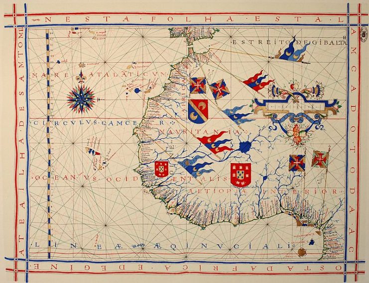 Nautical chart of Portuguese cartographer Fernão Vaz Dourado (c. 1520 – c. 1580), part of a nautical atlas drawn in 1571 and now kept in the Portuguese National Archives of Torre do Tombo, Lisbon.