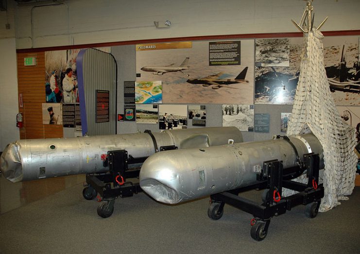 The casings of two B28 nuclear bombs involved in the Palomares incident are on display at the National Museum of Nuclear Science & History in Albuquerque, New Mexico.Photo: Marshall Astor CC BY-SA 2.0