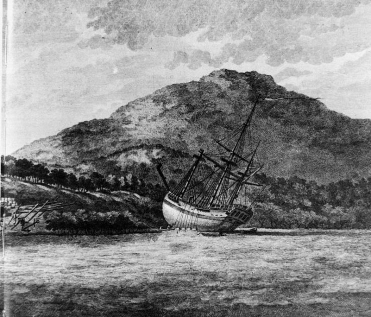 Detail of drawing by ship’s artist Sydney Parkinson, made in June 1770, showing James Cook’s Endeavour being careened on the beach at the mouth of the Endeavour River in Far North Queensland, Australia, in order to repair damages after having hit the Endeavour Reef (part of the Great Barrier Reef) on 11 June 1770.