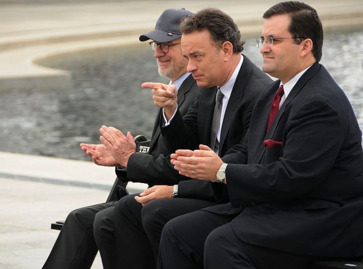 Hanks with Steven Spielberg at the National World War II Memorial in March 2010.