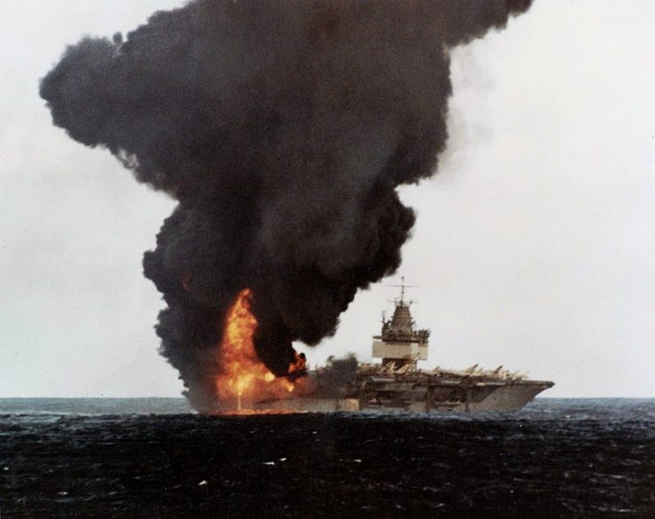 View of Enterprise’s stern during the fire, January 1969