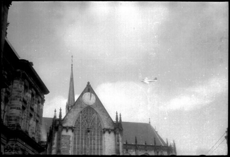 A B17 during the arrival of the British on the Dam, Amsterdam, May 7, 1945