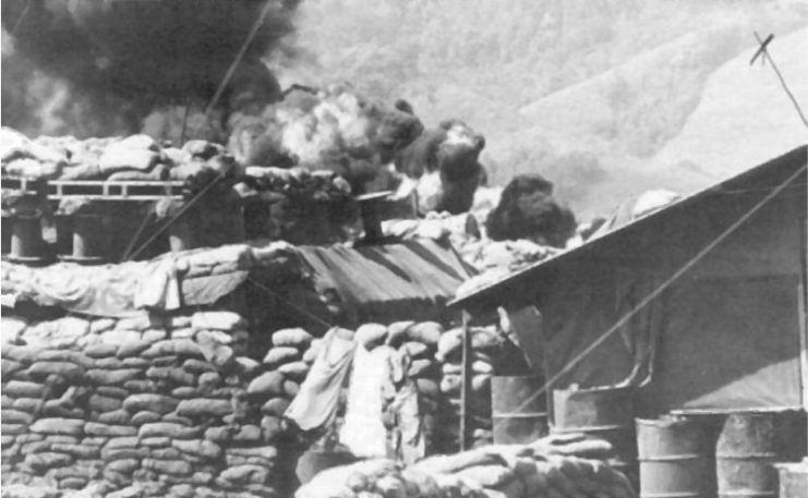 A burning fuel dump after a mortar attack at Khe Sanh