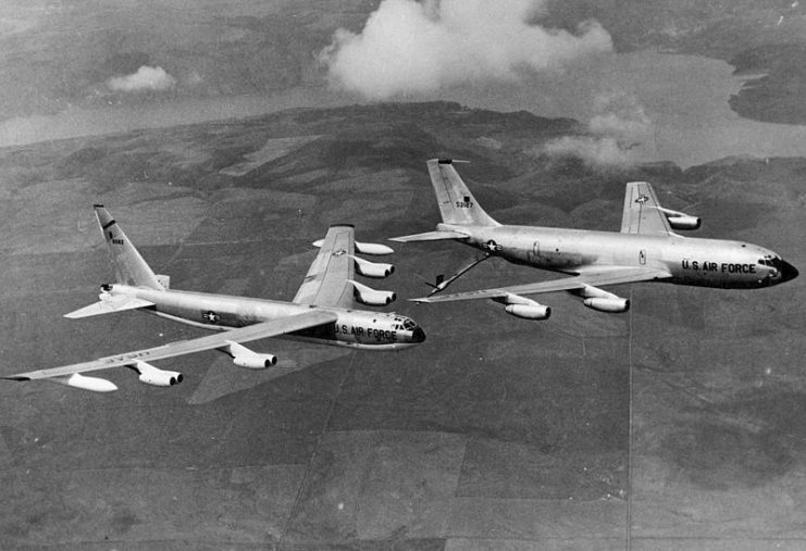 A Cold War-era image of B-52D refueling from a KC-135A