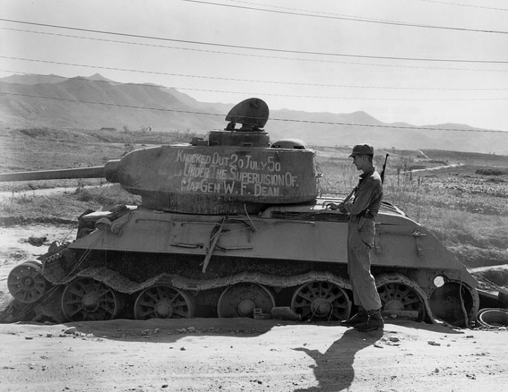 A Soviet-made T-34-85 tank knocked out in Taejon, Korea, on 20 July, 1955