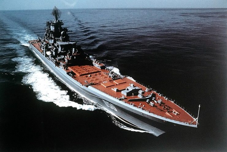 A starboard bow view of the Soviet Kirov Class nuclear-powered guided missile cruiser FRUNZE underway. 1986