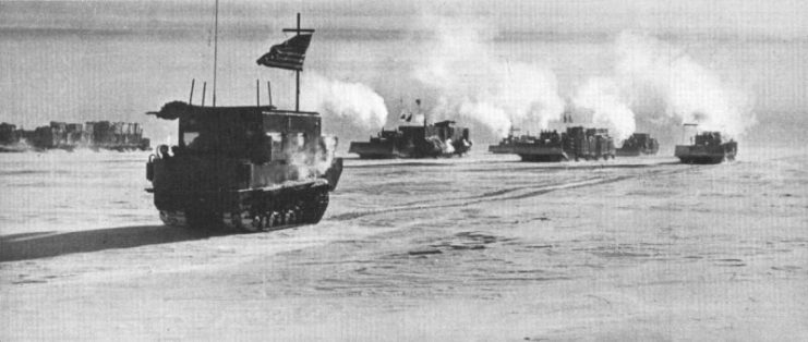 A U.S. Navy supply convoy in Antarctica led by a M29 Weasel.