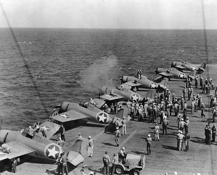 Wildcat fighters testing their machine guns aboard Ranger off North Africa, November 1942