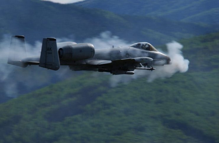 An A-10 firing its 30 mm GAU-8 Gatling gun during testing