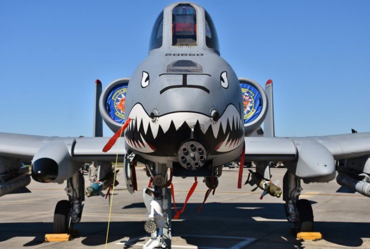 An Air Force A-10 Warthog:Thunderbolt II fighter jet parked on a runway in Moody AFB. This A-10 attack jet belongs to the 74th Fighter Squadron.
