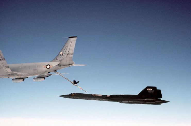 An SR-71 refueling from a KC-135Q Stratotanker during a flight in 1983