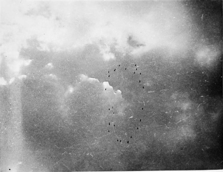 Anti-Submarine Weapons- A salvo of 24 Hedgehog bombs in flight.