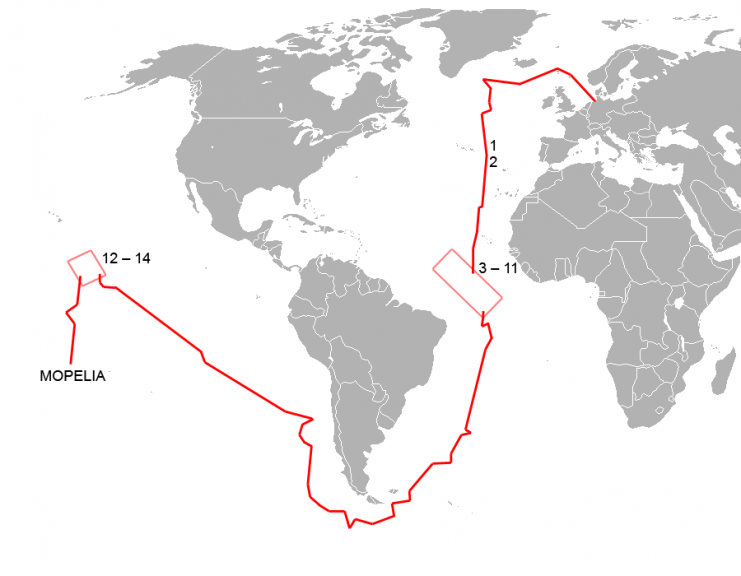 Approximate route and sinkings by the german auxiliary cruiser SMS Seeadler 1916/17. Map: Chrischerf / CC-BY-SA 3.0