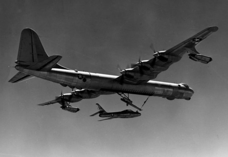 The U.S. Air Force FICON (Fighter Conveyer) project: YRB-36 and YF-84F in launch position.