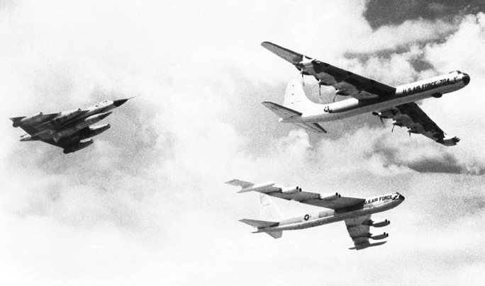 B-36, B-52 and B-58 from Carswell AFB, Texas in formation flight as B-36 is retired, 1958