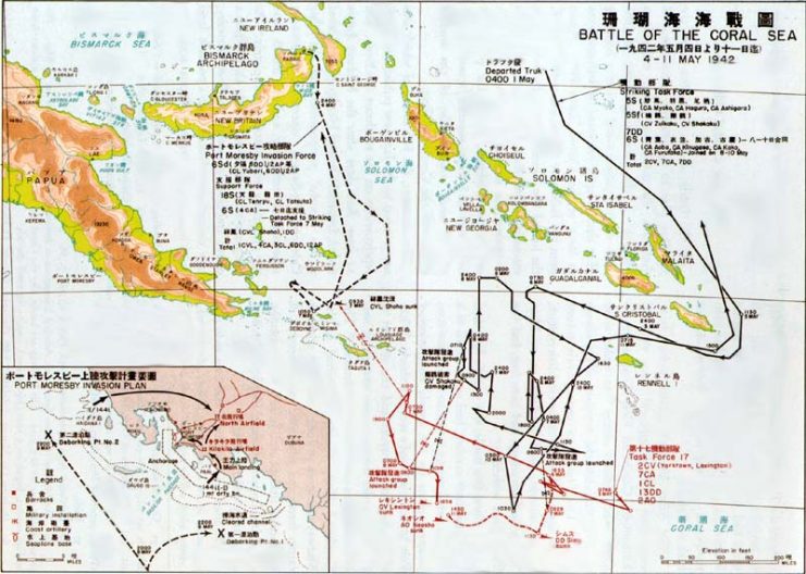Map showing the movements of the Port Moresby invasion force, and the plan for the force’s landing at Port Moresby