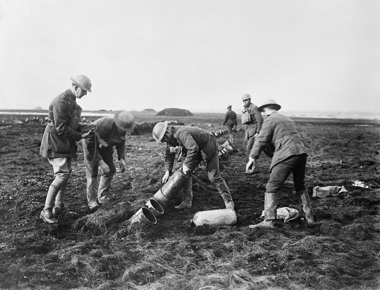 British soldiers loading a battery of Livens gas projectors. Taken at Royal Engineers Experimental Station, Porton, UK.