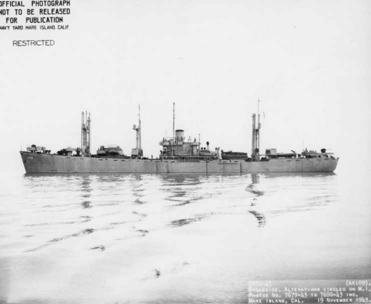 Broadside view of USS Allioth (AK-109), off San Francisco, 19 November 1943.