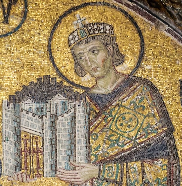 Emperor Constantine I presents a representation of the city of Constantinople as a tribute to an enthroned Mary and Christ Child in this church mosaic.