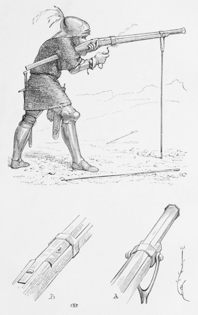 Depiction of an Arquebus fired from a fork rest.
