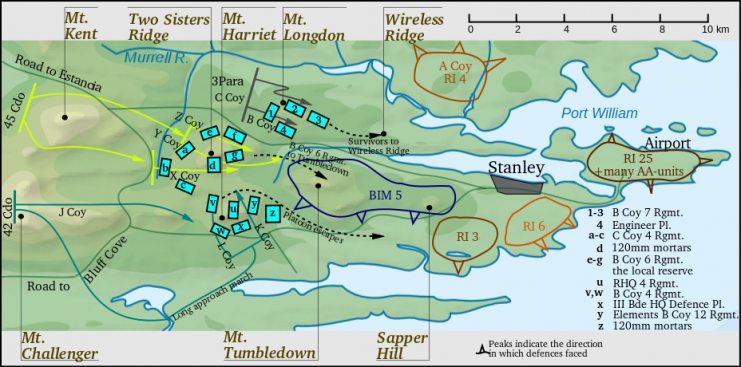 Falklands War Night of 11 to 12 June 1982 Photo by Falkland_Islands_topographic_map-en.svg: CC BY CC BY-SA 3.0